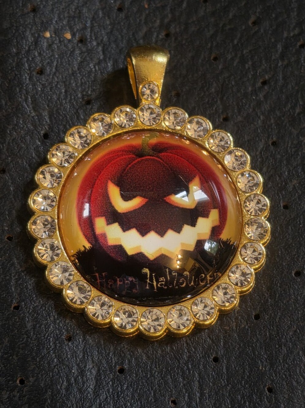 Halloween Jack O' lantern Cabochon In Gold Tone Rhinestone Frame (25mm) Pendant